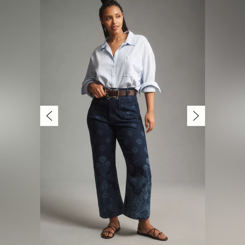 Anthropologie Navy Blue Floral Wide-Leg Jeans